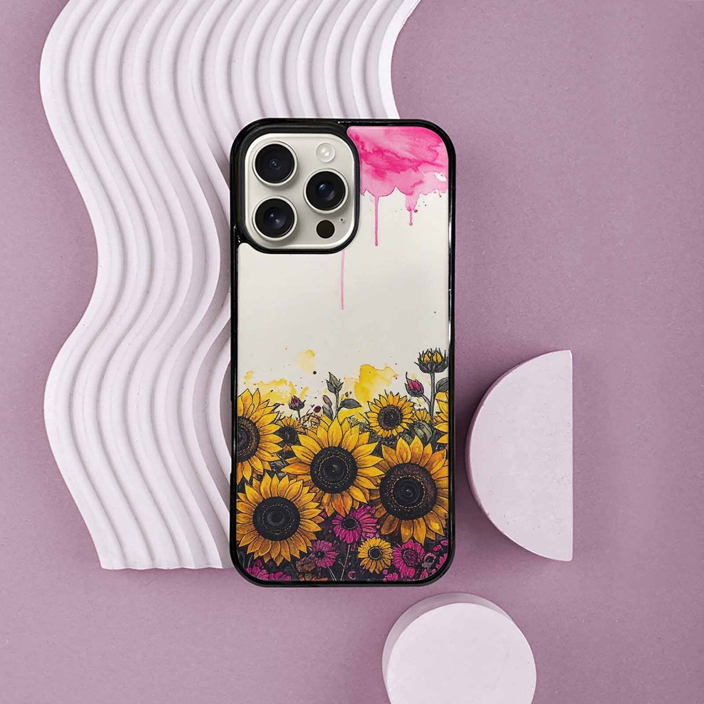iPhone 16 Pro Max Case — Sunflower Burst Black Pink Ink Sunflowers, Personalized Phone Case