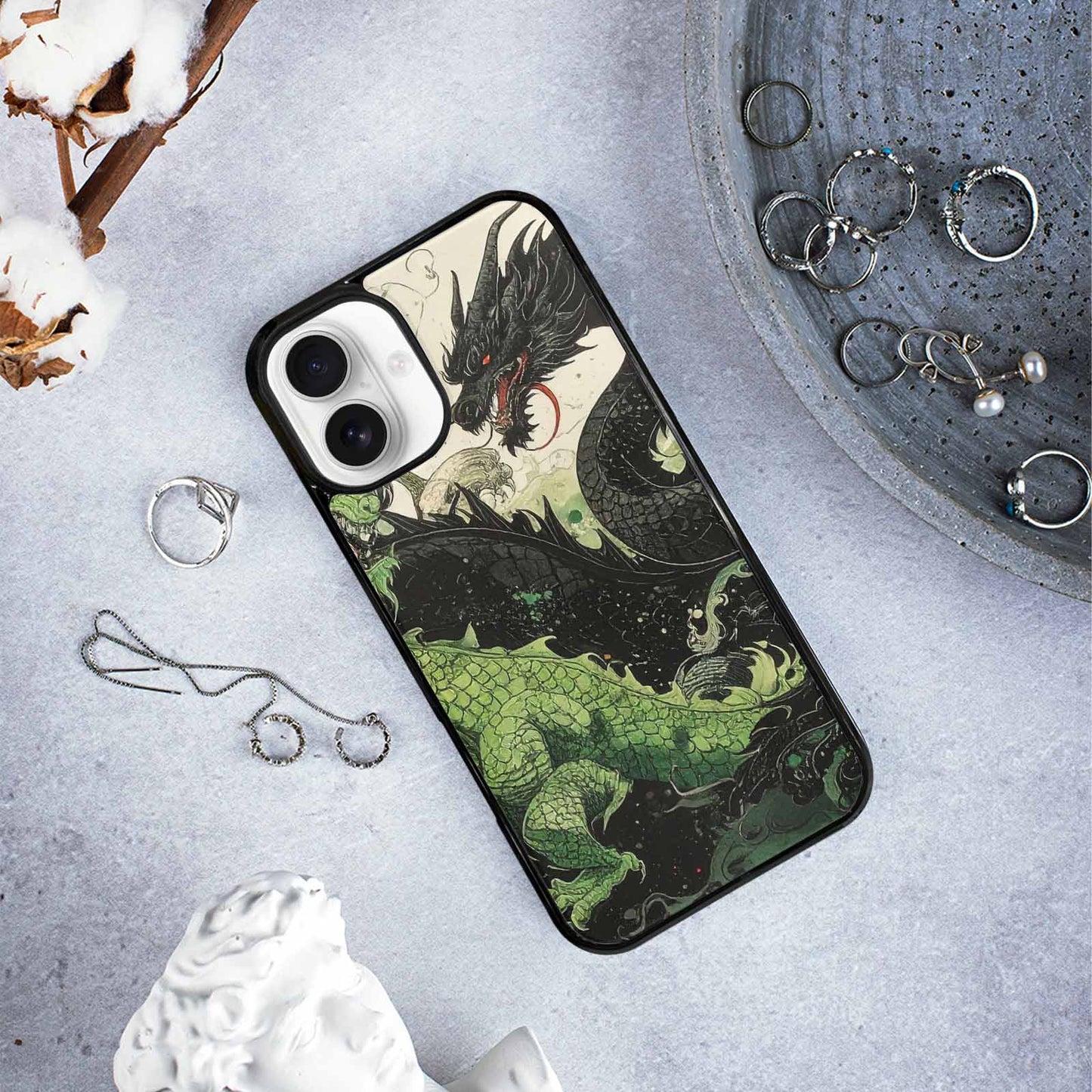 iPhone 16 Plus Case — Dragon Scale Black Green Ink Dragons, Unique Phone Case Design