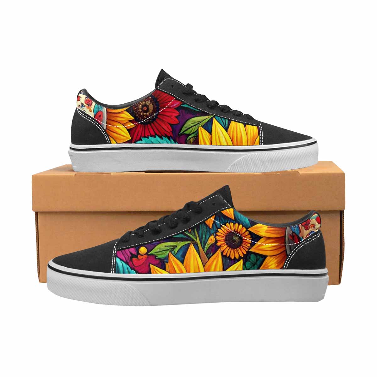 WOMEN'S Sunflower Skulls Print Canvas Lace-Up Grunge Custom Shoes