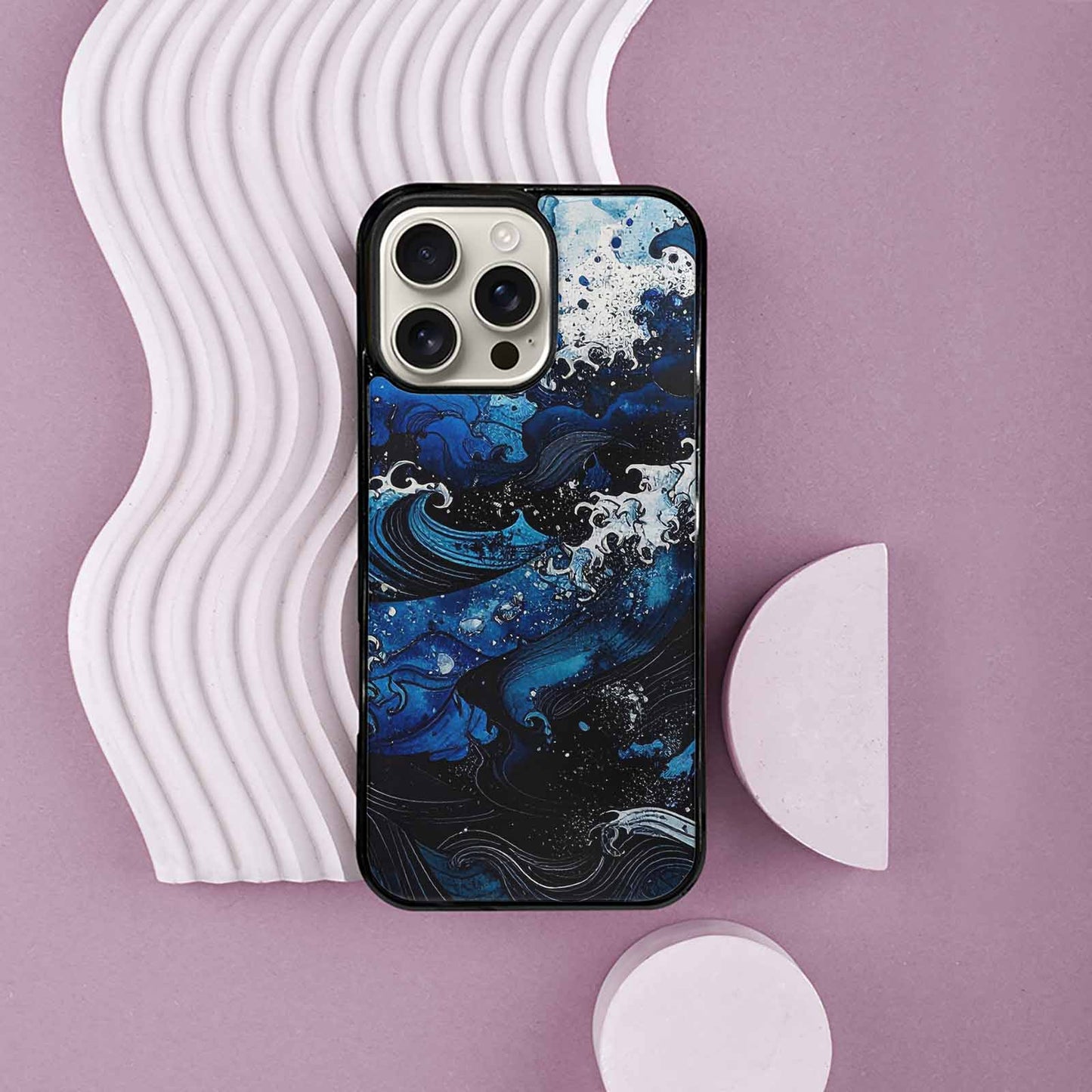 iPhone 16 Pro Max Case — Nautical Wave Black Blue Ink Wave, Original Design Phone Case