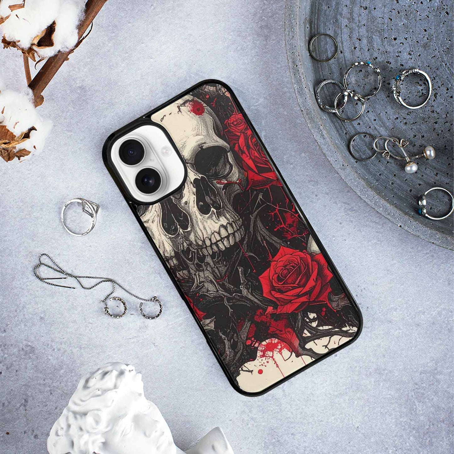 iPhone 16 Plus Case — Skull And Roses Black Red Ink, Custom Print Case Cover