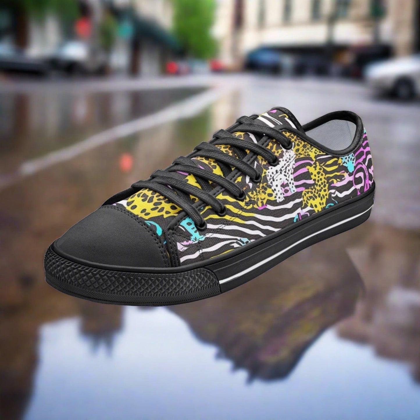 Neon Animal Print hand-made high-top canvas shoes — unique wearable art by Freaky Shoes