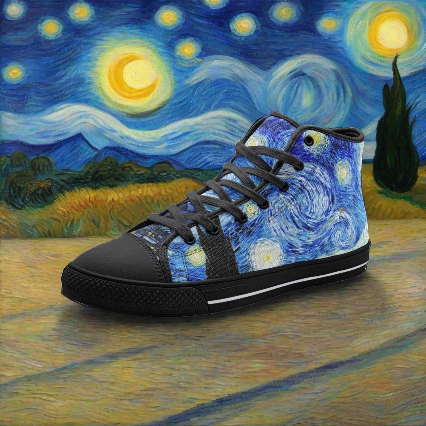 Starry Night Art custom high-top canvas shoes — wearable art by Freaky Shoes