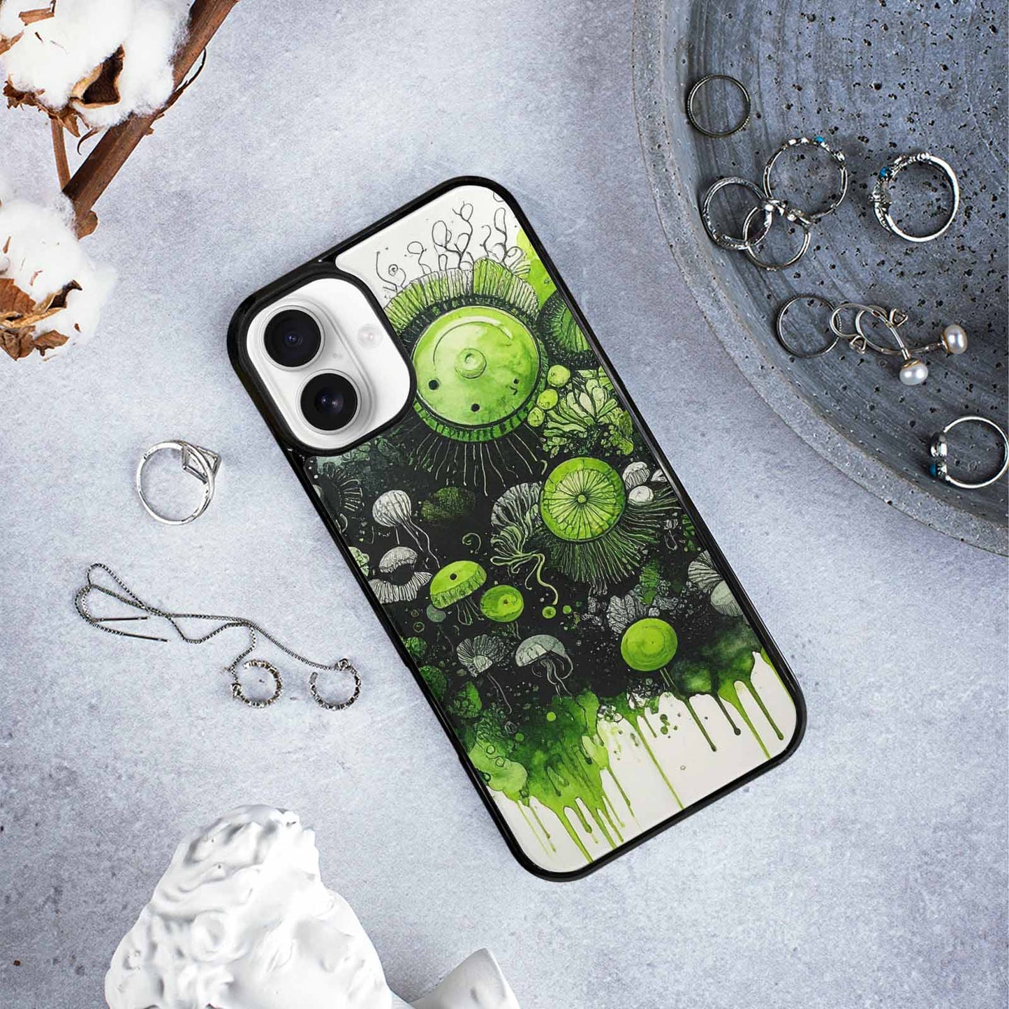 iPhone 16 Plus Case — Sea Creature Burst Black Green Ink, Custom Art Phone Cover
