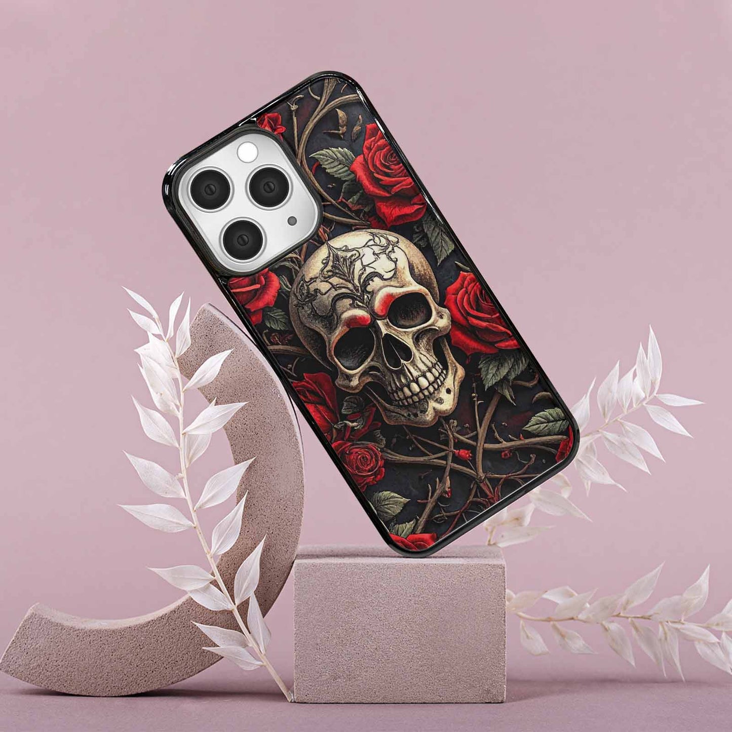 iPhone 15 Pro Max Case — Gothic Skulls Roses, Unique Phone Case Design