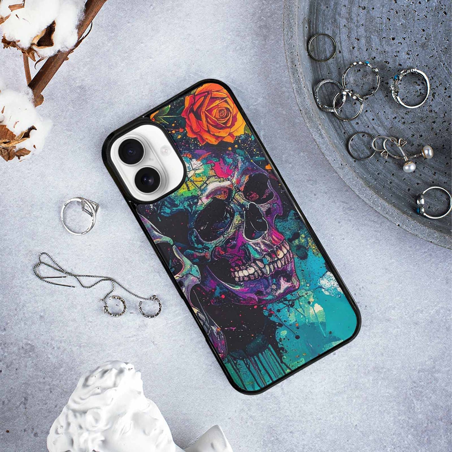 iPhone 16 Plus Case — Skulls Roses Acid Wash, Unique Phone Case Design