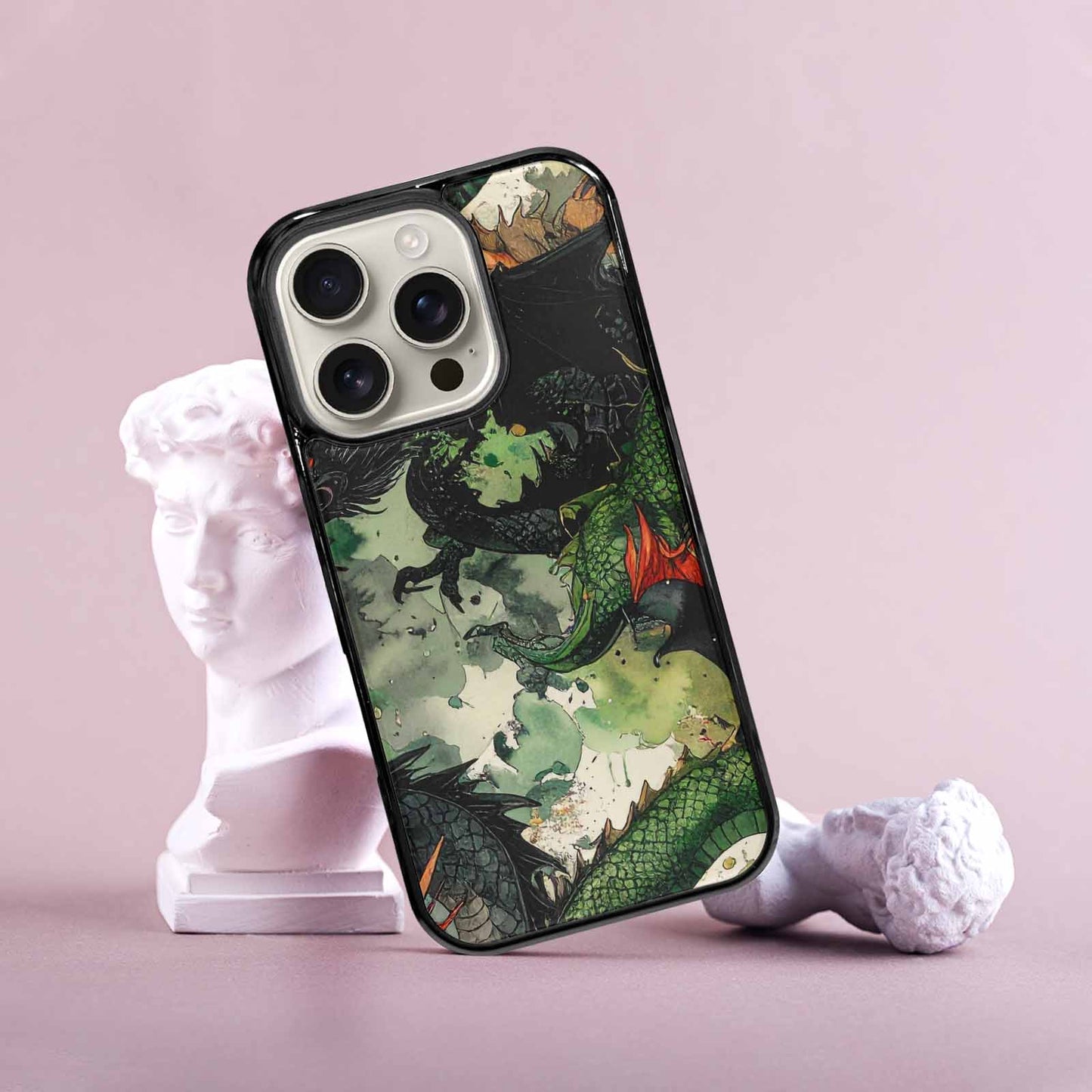 iPhone 16 Pro Case — Dragon Scale Black Green Ink Dragons, Custom Phone Case