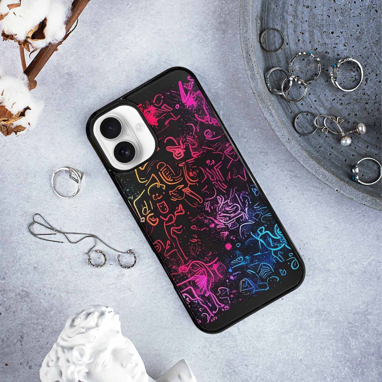 iPhone 16 Plus Case — Neon Glow Outline Icon Pattern Hundreds, Personalized Phone Case
