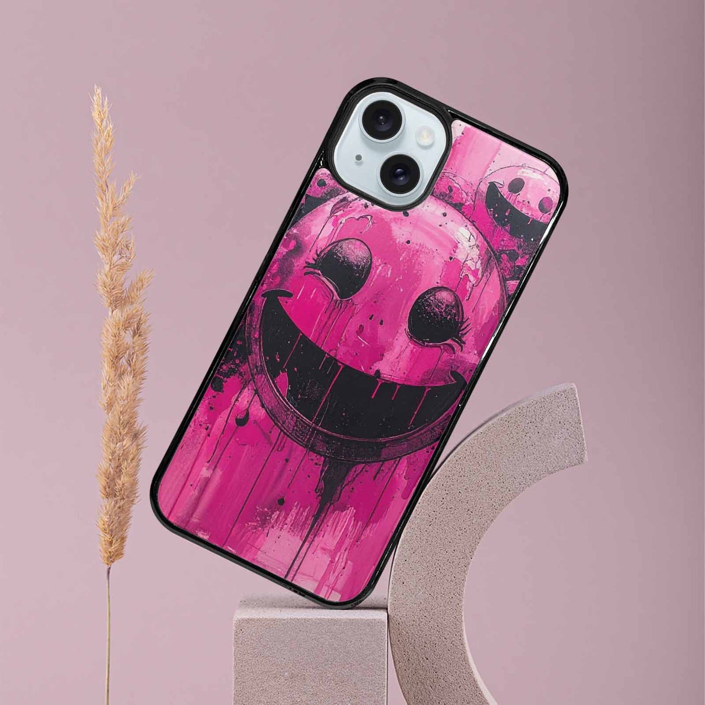 iPhone 15 Plus Case — Melting Moon Smiley Black Pink Ink, Custom Phone Case