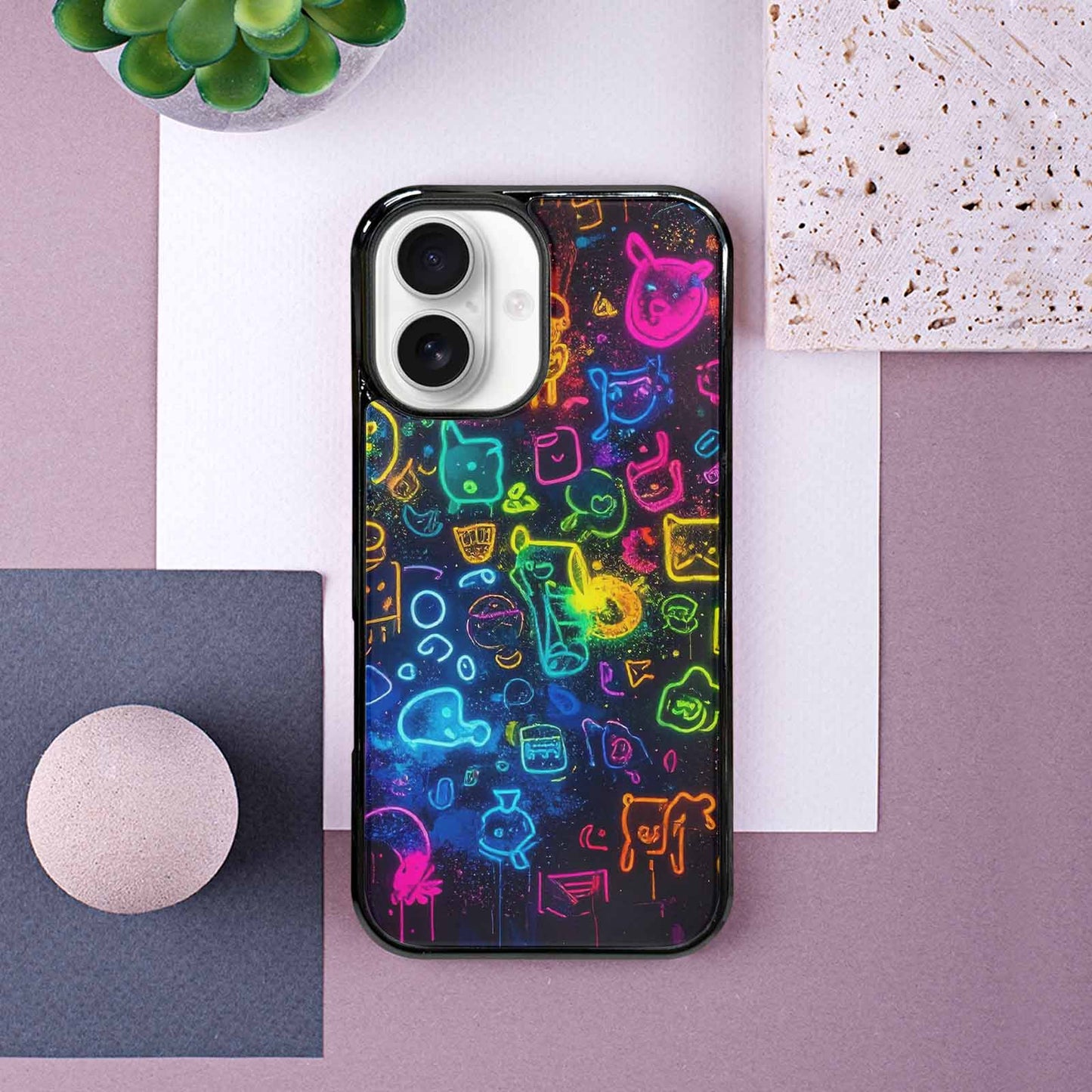 iPhone 16 Case — Neon Glow Outline Icon Pattern Hundreds, Custom Printed Phone Case