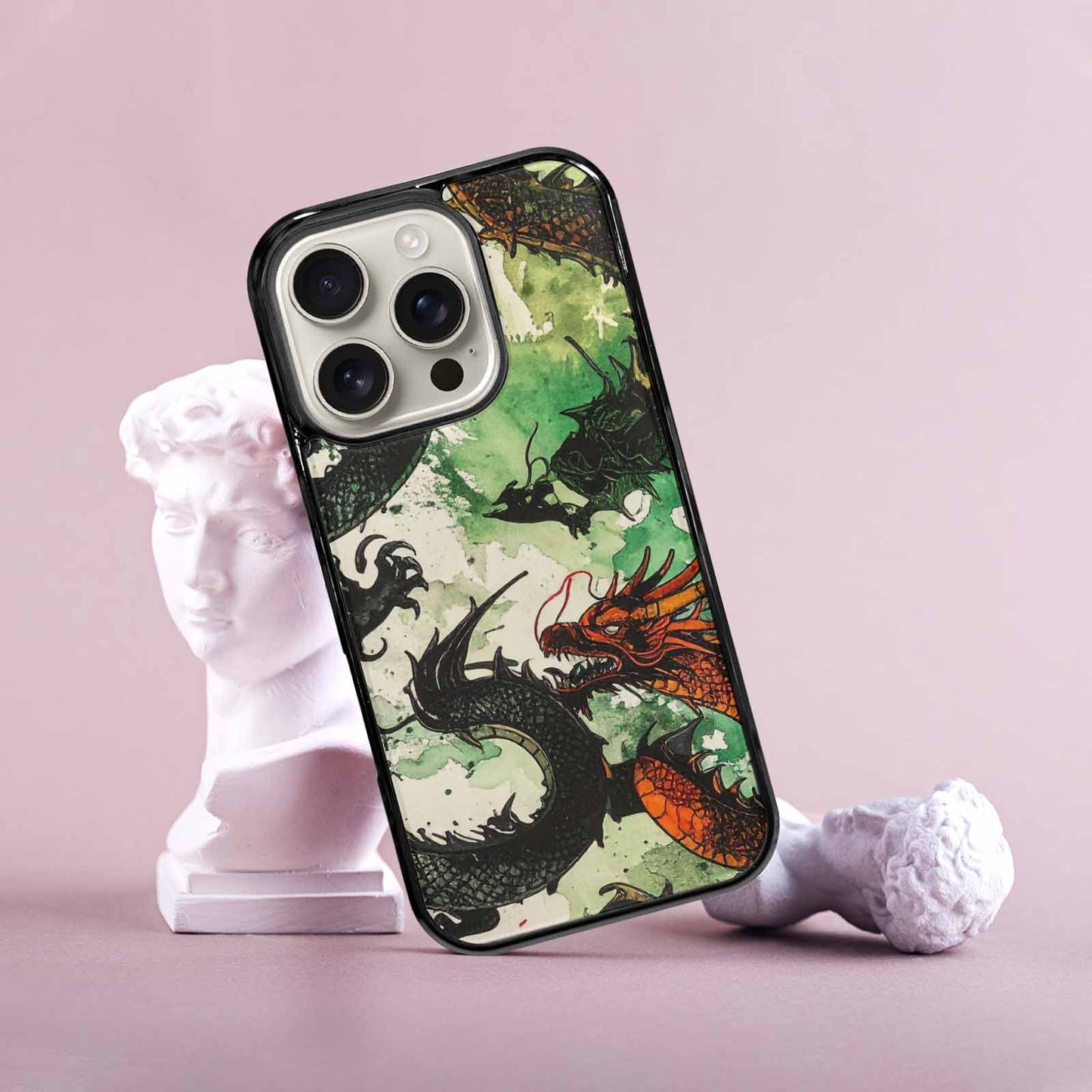iPhone 16 Pro Case — Dragon Scale Black Green Ink Dragons, Custom Designed Case Cover