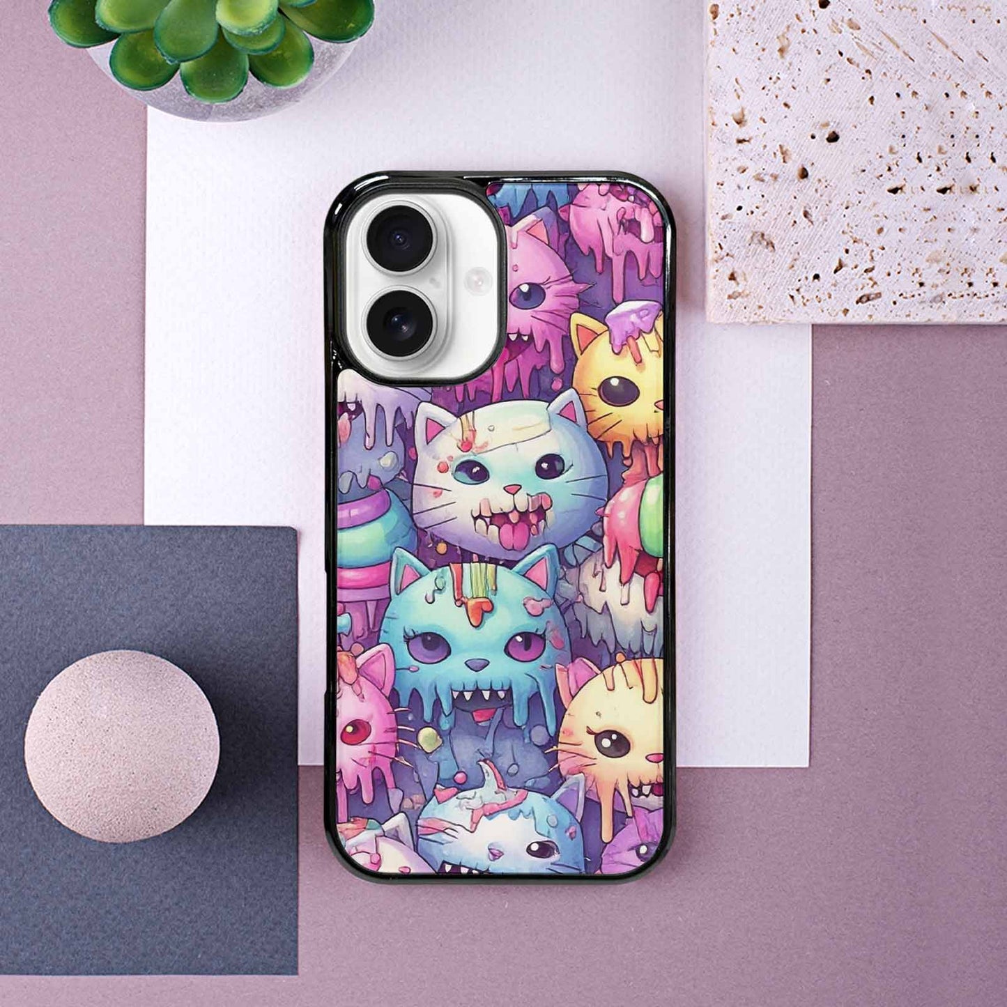 iPhone 16 Case — Pastel Gore Cat Character Pattern Hundreds, Original Design Phone Case