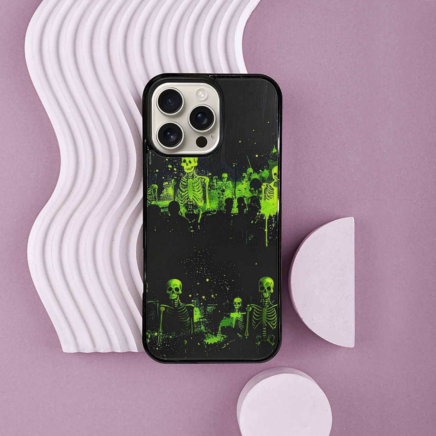 iPhone 16 Pro Max Case — Skeletons Neon Green Glow Skeletons Pattern, Unique Phone Case Design