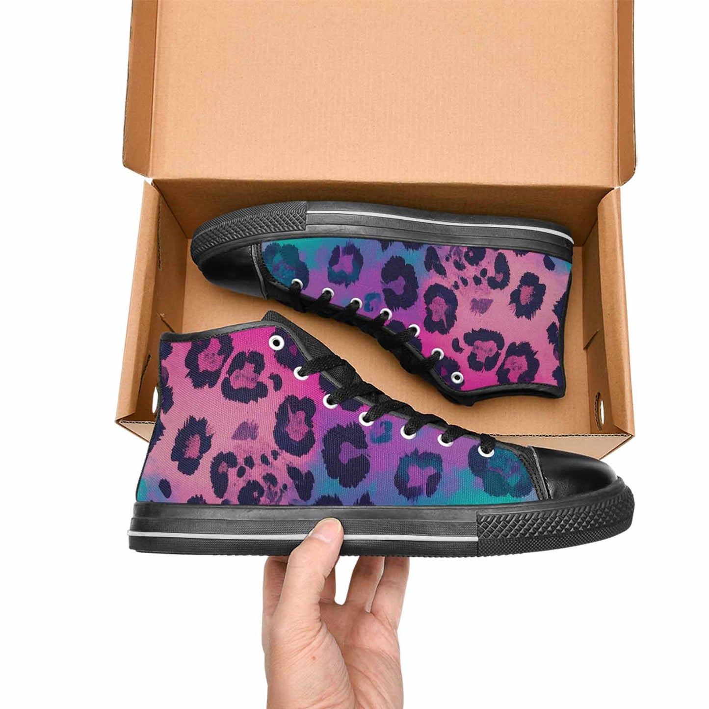 MEN'S Leopard Neon Pink Teal Airbrush High Top Canvas Wallpaper Art Shoes