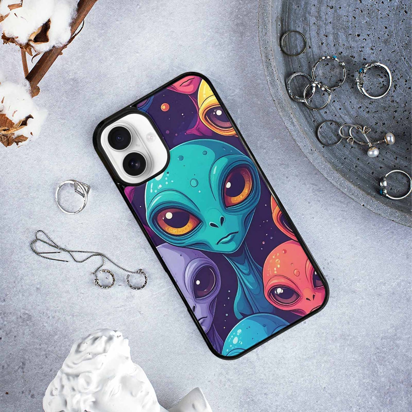 iPhone 16 Plus Case — Alien Ufo Cartoon Art Pattern Groovy, Custom Art Phone Cover