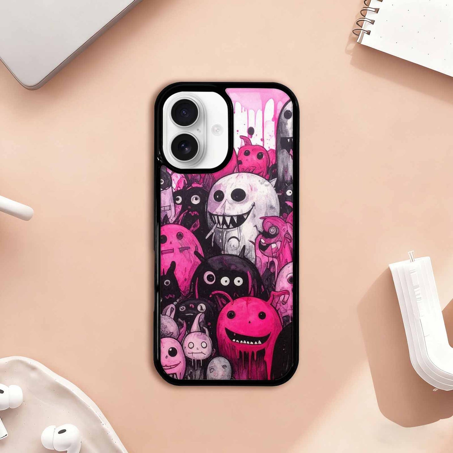 iPhone 17 Case — Black & Pink Ink Cartoon Cute, Customized Protective Case