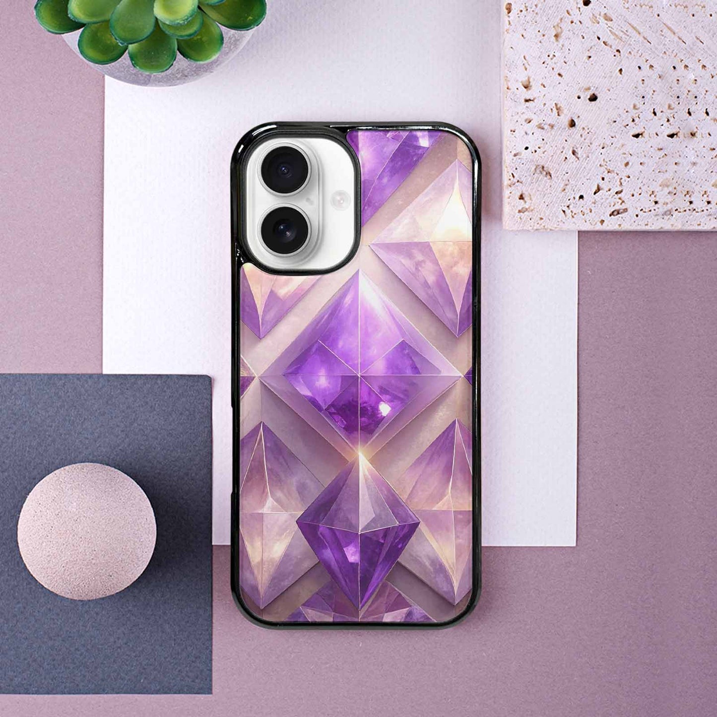 iPhone 16 Case — Amethyst Crystal Art Pattern, Customized Protective Case