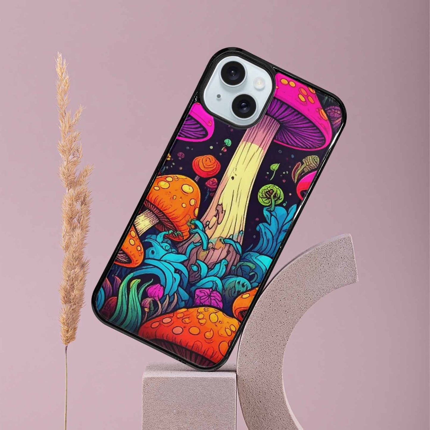 iPhone 15 Plus Case — Psychedelic Mushroom Cartoon Pattern, Custom Printed Phone Case
