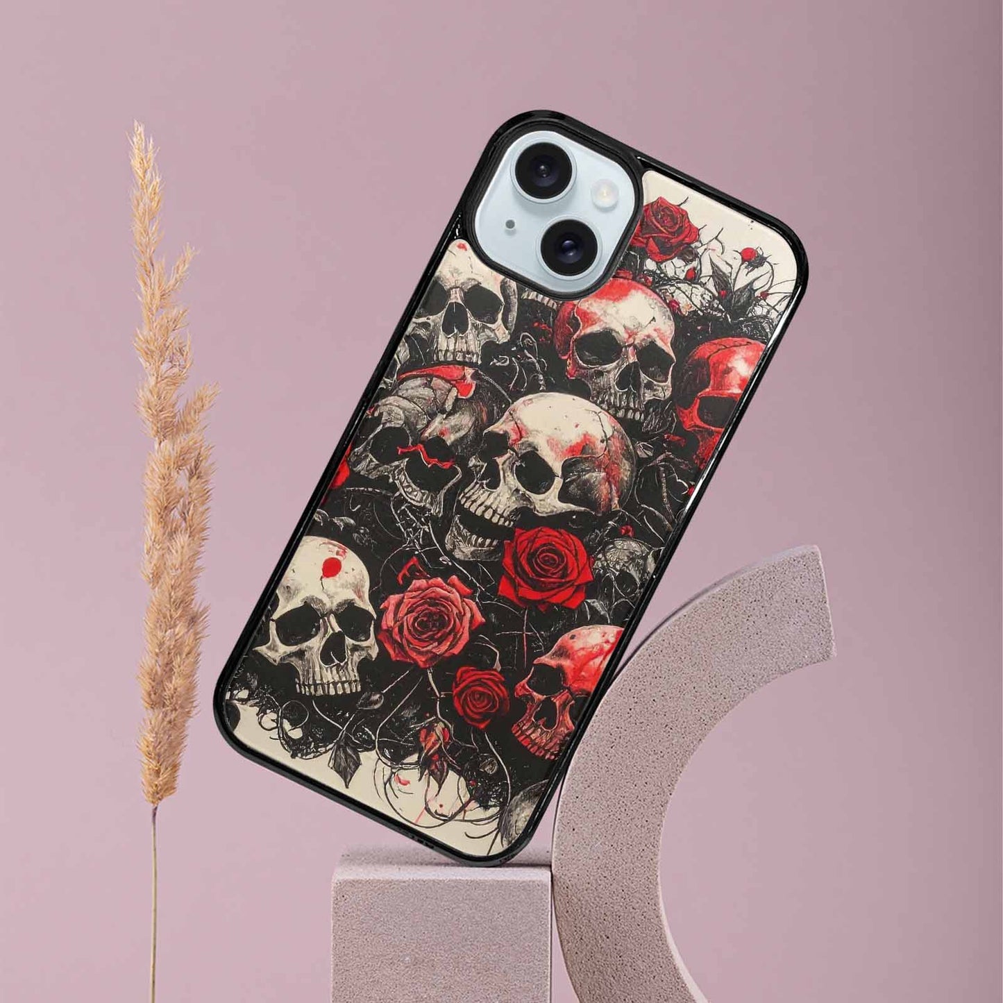 iPhone 15 Plus Case — Skull And Roses Black Red Ink, Custom Phone Case