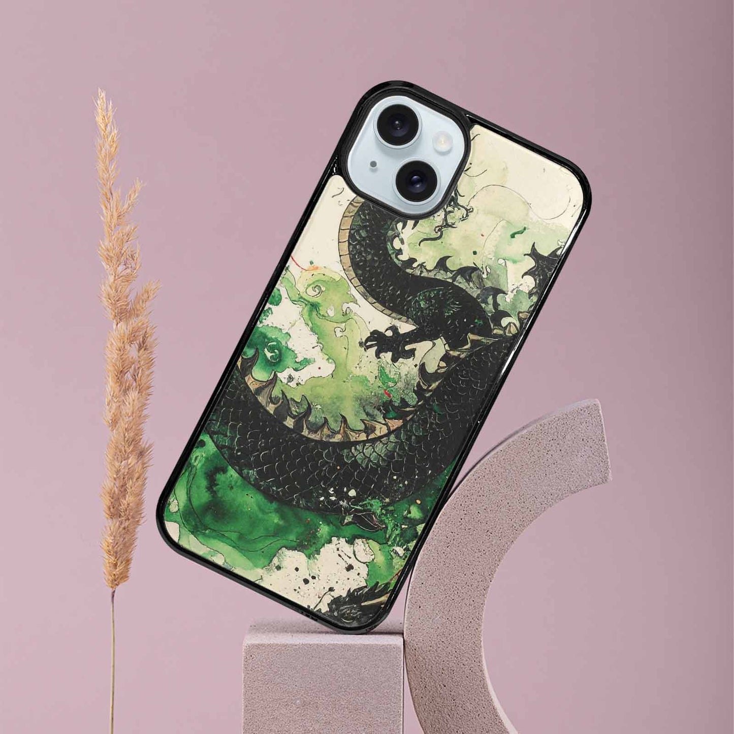 iPhone 15 Plus Case — Dragon Scale Black Green Ink Dragons, Unique Phone Case Design