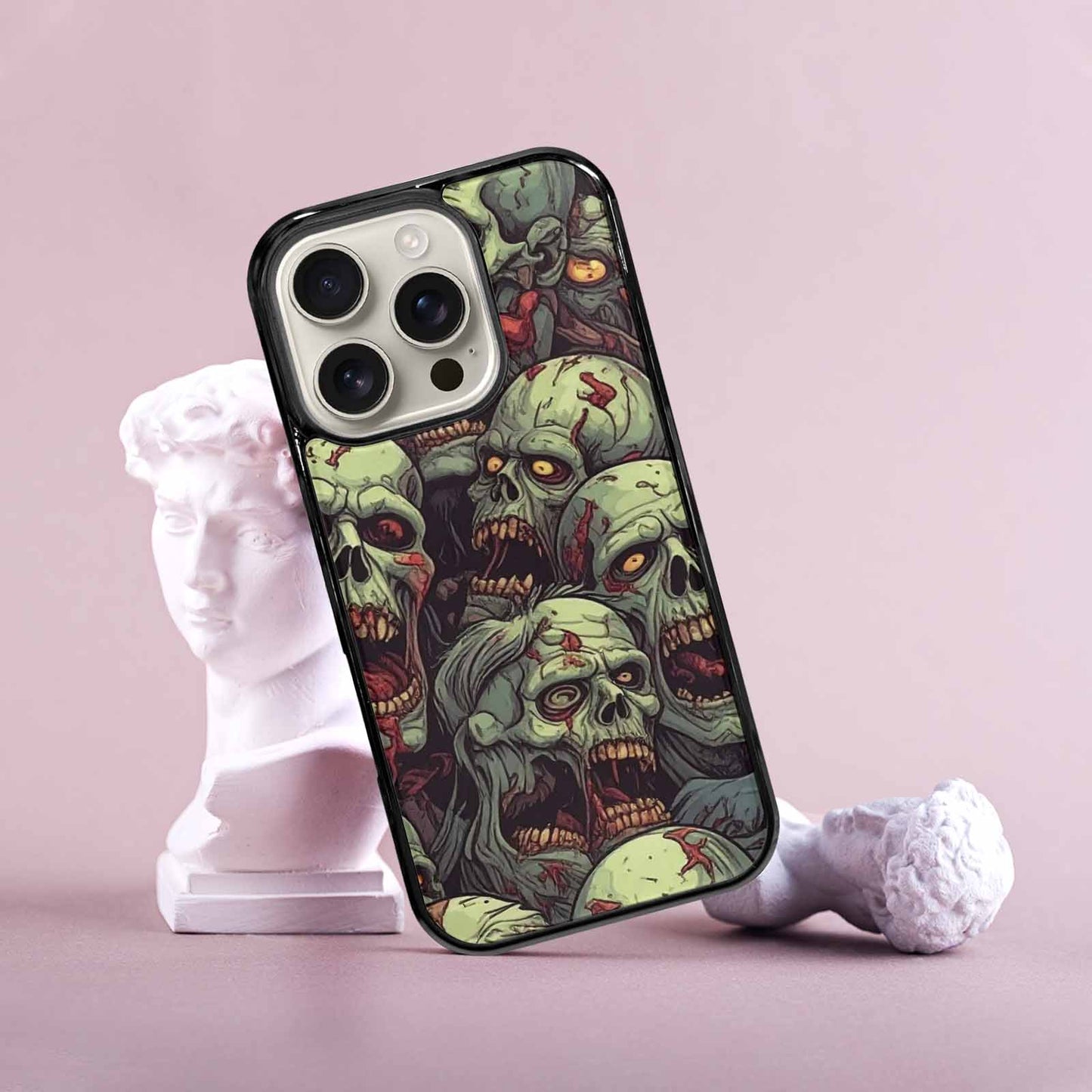 iPhone 16 Pro Case — Zombie Head Pattern Hundreds Of Small, Custom Printed Phone Case