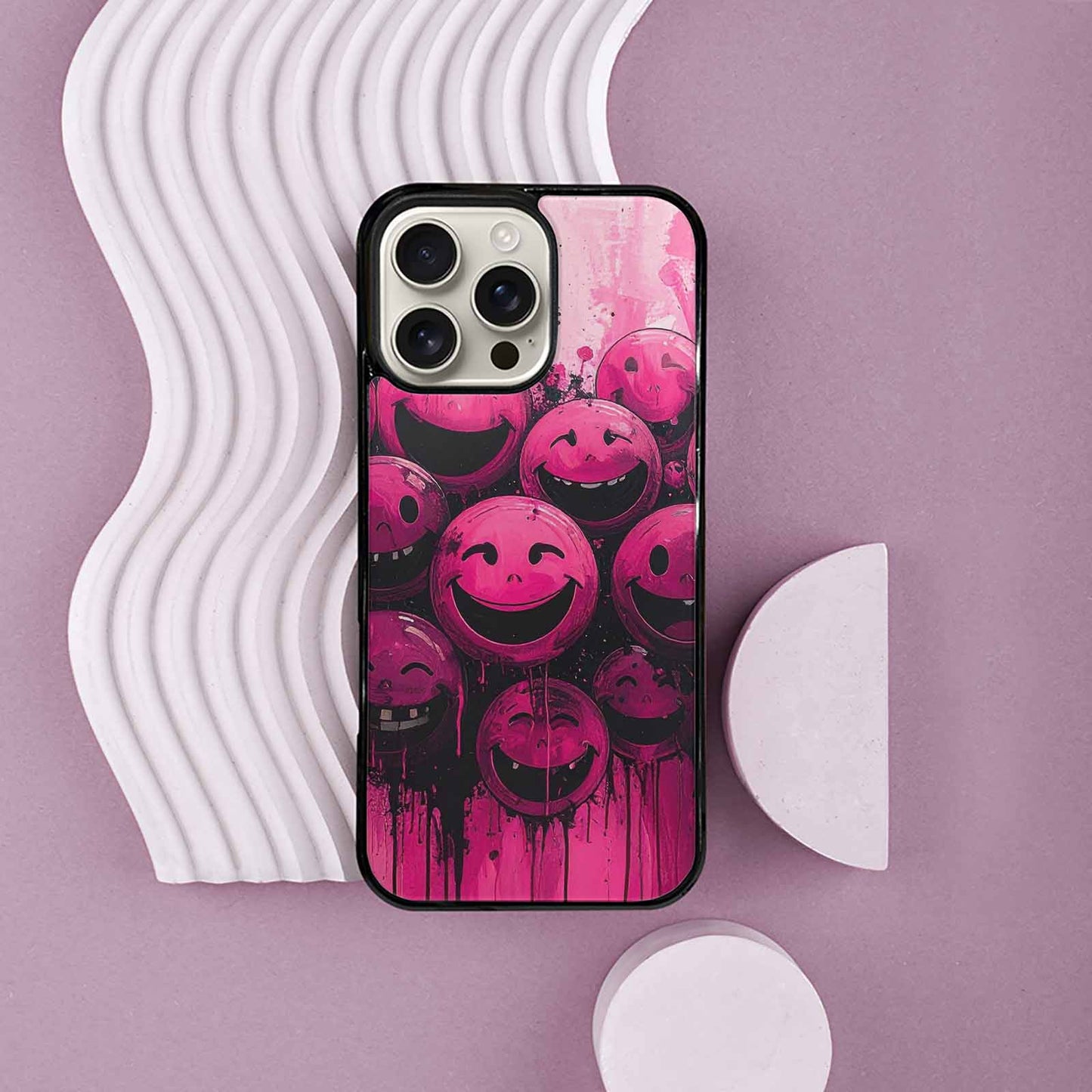 iPhone 16 Pro Max Case — Melting Moon Smiley Black Pink Ink, Customized Protective Case