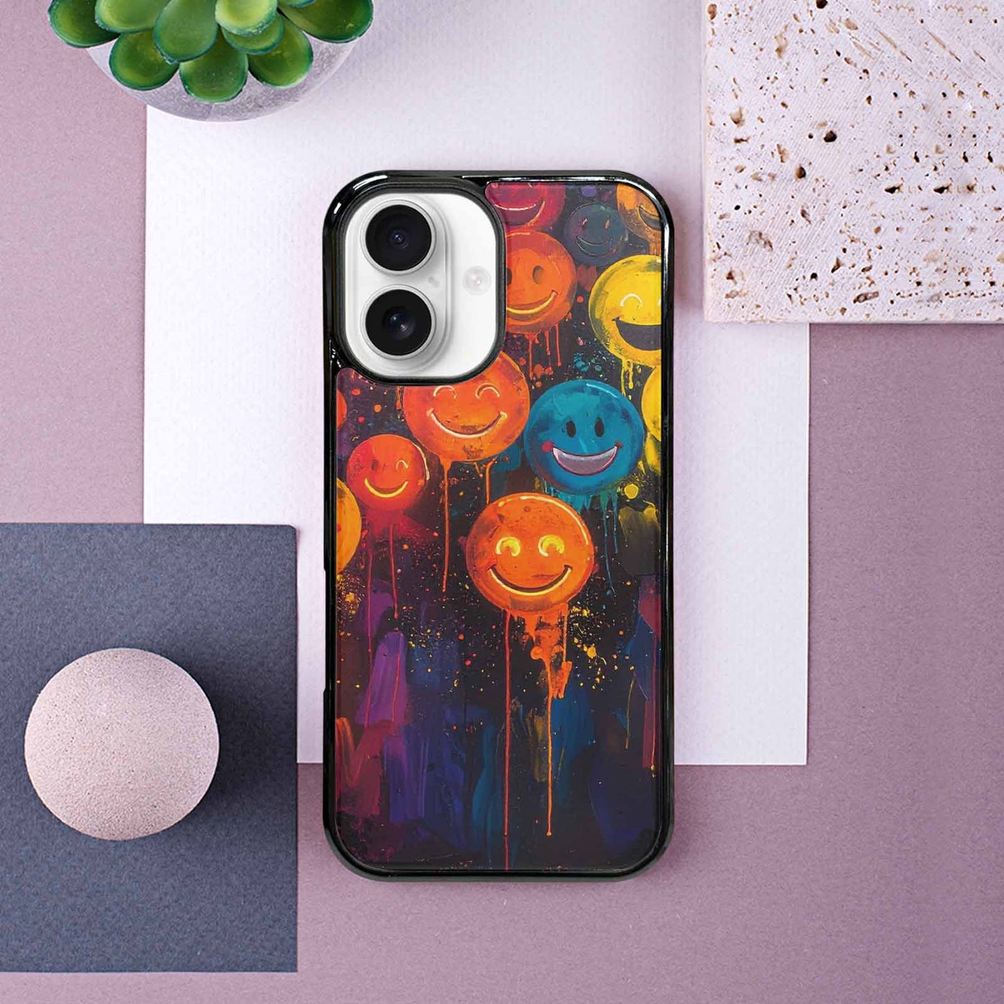 iPhone 16 Case — Smiley Faces Glow Smiley Faces Pattern, Customized Protective Case
