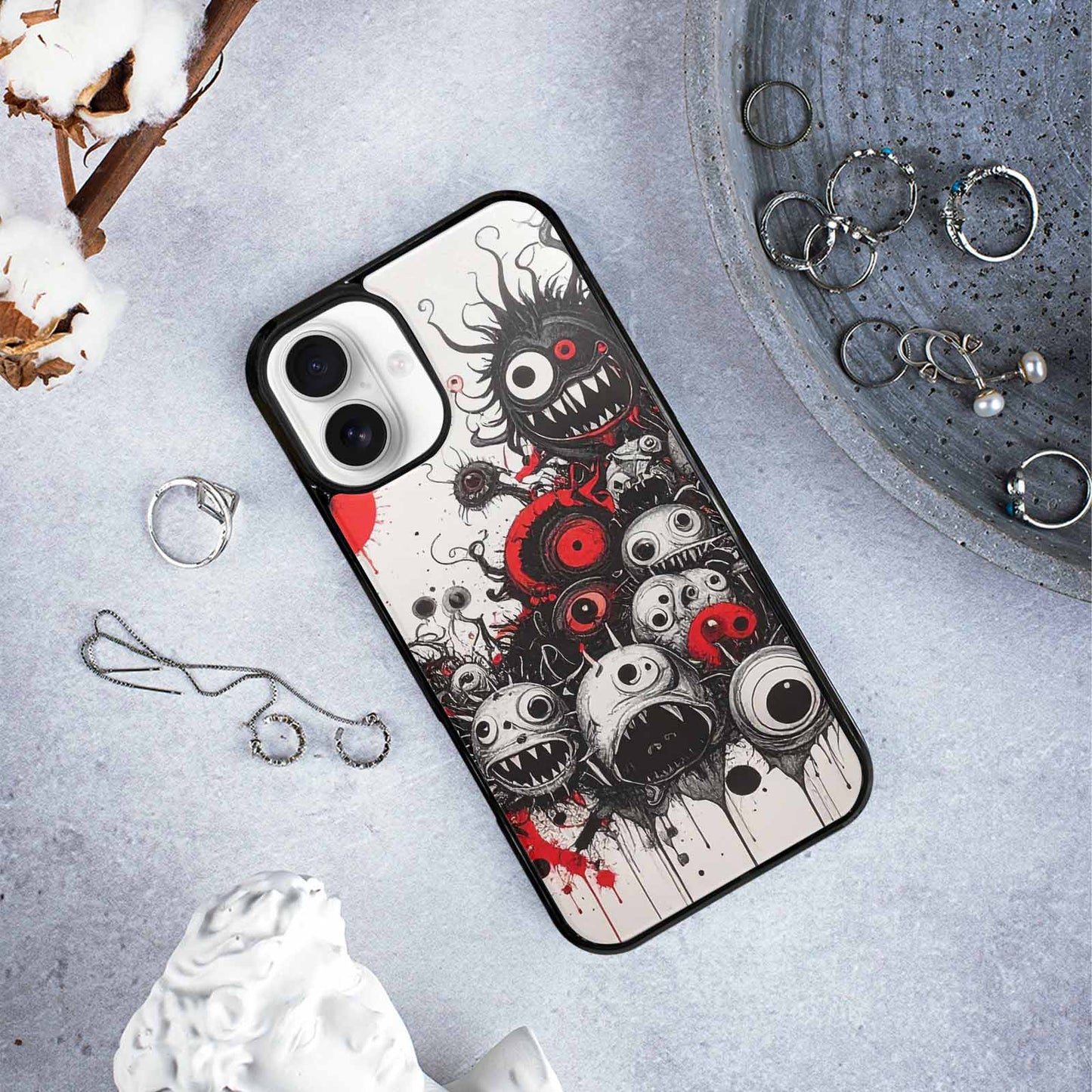 iPhone 16 Plus Case — Multi Eye Monster Black Red Ink, Personalized Phone Case