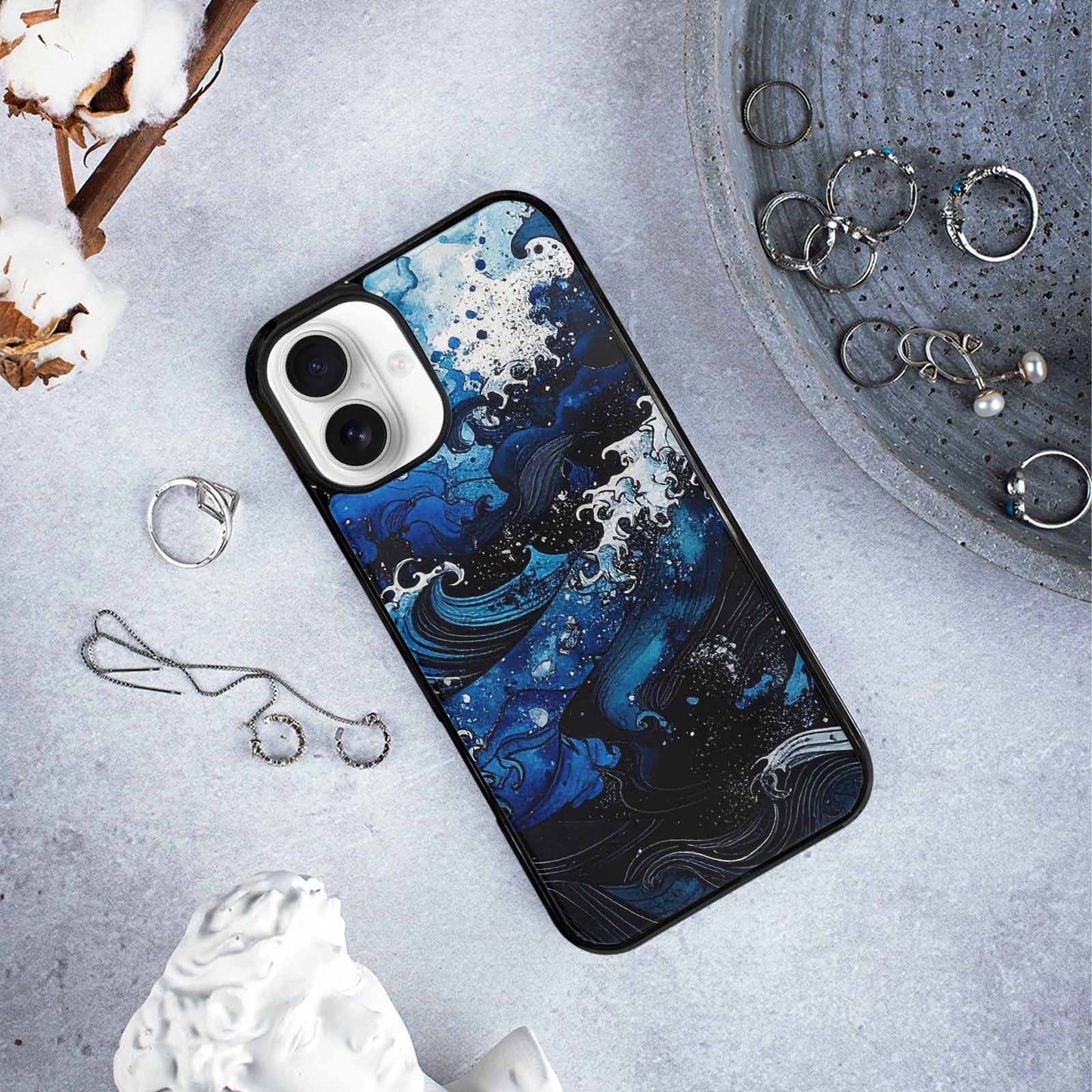 iPhone 16 Plus Case — Nautical Wave Black Blue Ink Wave, Custom Phone Case