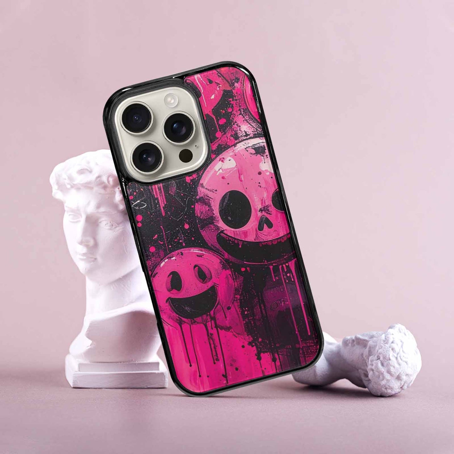 iPhone 16 Pro Case — Melting Moon Smiley Black Pink Ink, Custom Printed Phone Case