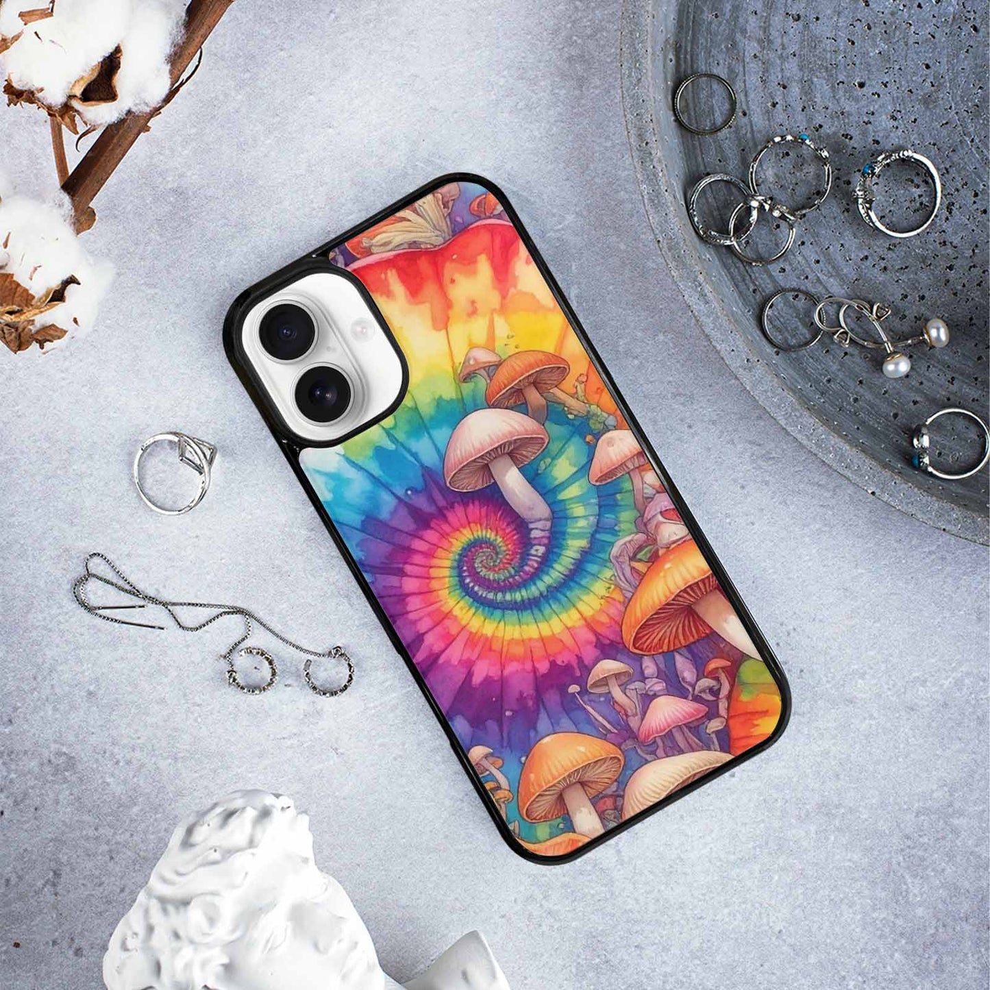 iPhone 16 Plus Case — Mushrooms Tie Dyemushrooms Pat 3w3, Custom Art Phone Cover