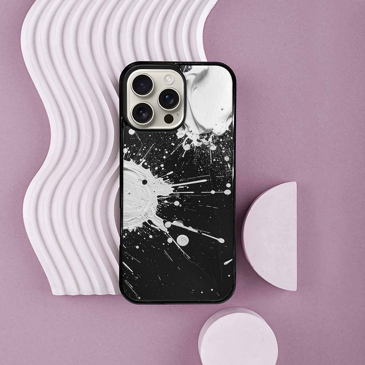 iPhone 16 Pro Max Case — White Ink Splatter Texture On Black, Custom Phone Case