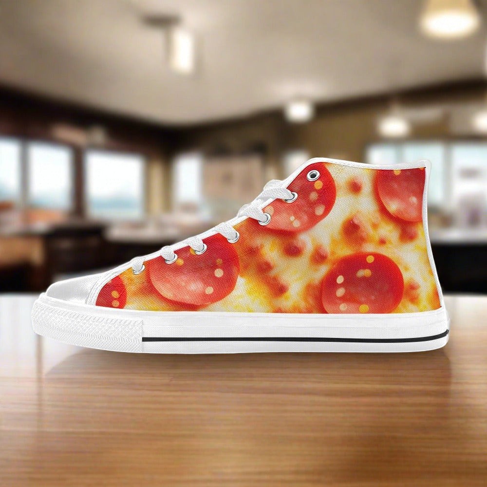 Women's Pepperoni Pizza Cheese Closeup hand-made high-top canvas shoes — unique wearable art by Freaky Shoes