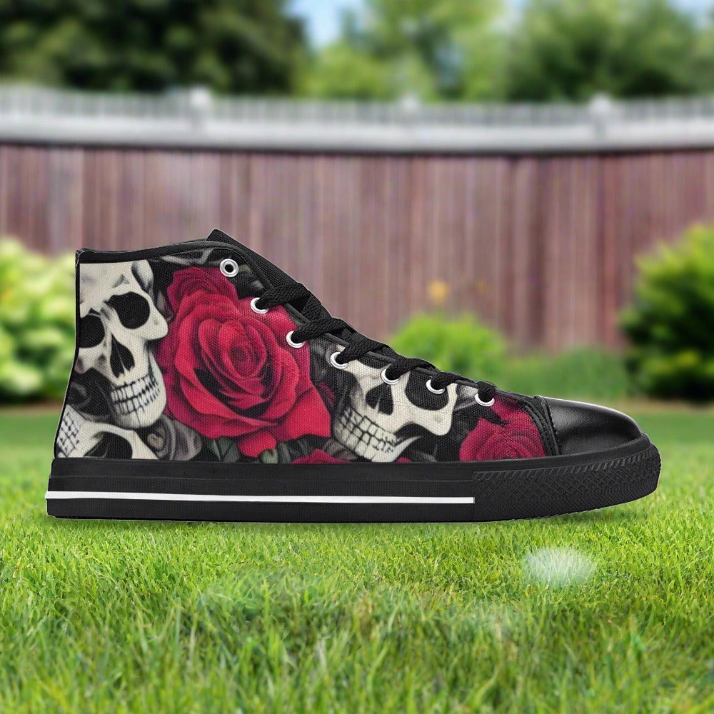 Women's Skulls & Roses hand-made high-top canvas shoes — unique wearable art by Freaky Shoes