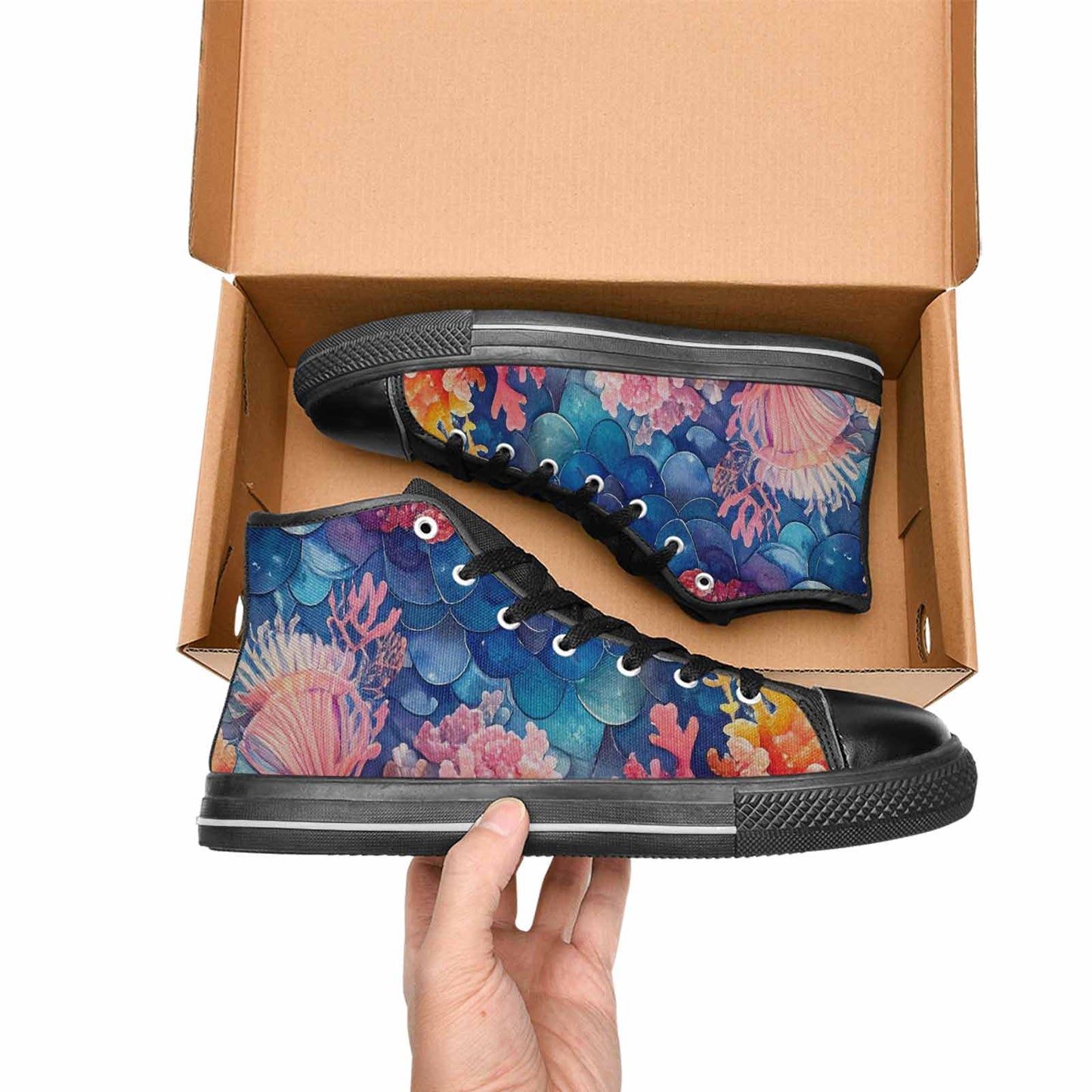 WOMEN'S Fish Scale Coral High Top Canvas Vibrant Chaos Custom Sneakers