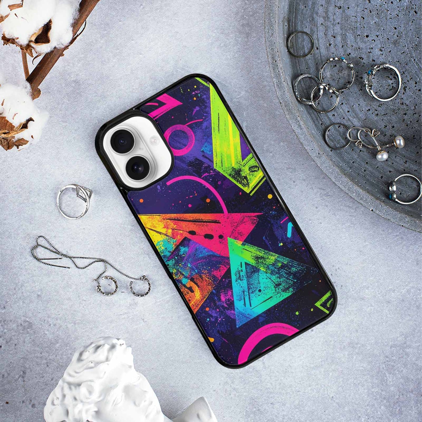 iPhone 16 Plus Case — Memphis Squiggles Triangles Dots, Custom Designed Case Cover