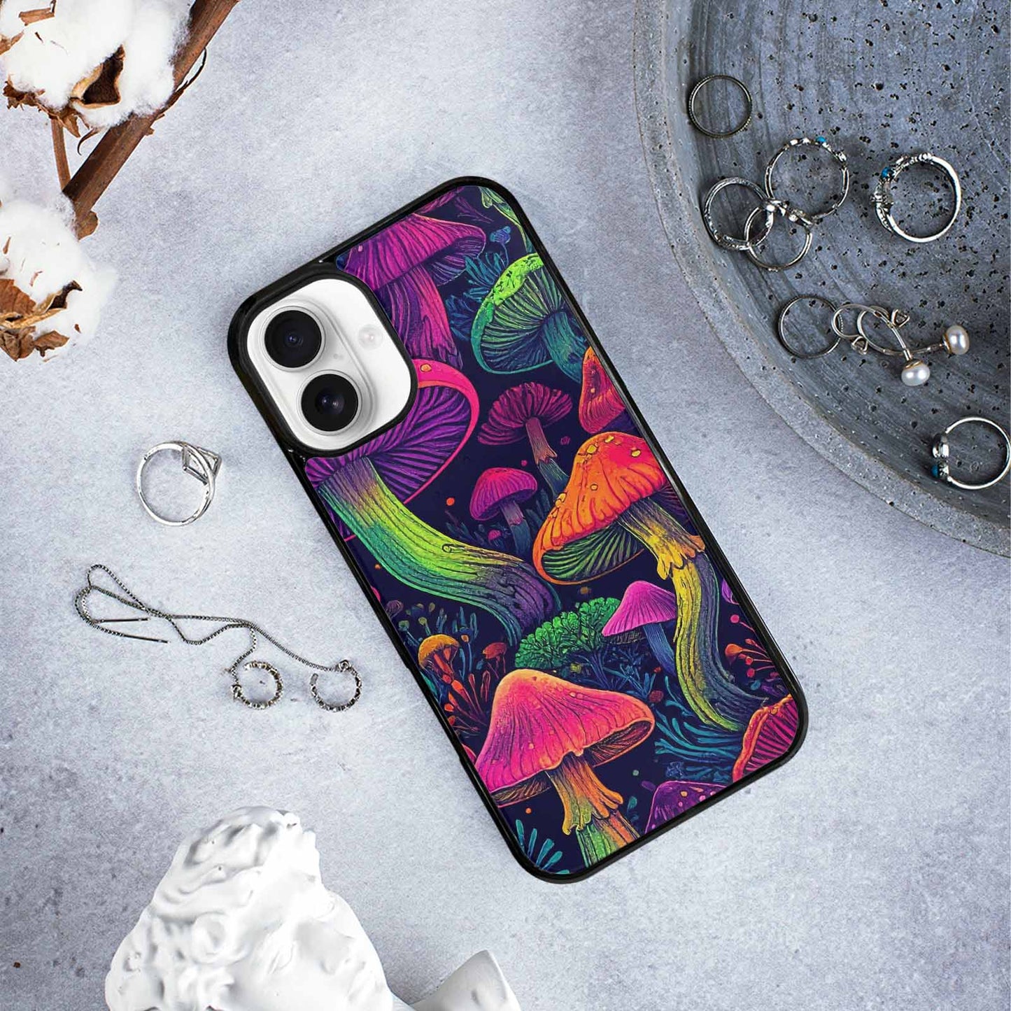 iPhone 16 Plus Case — Mushroom Psychedelic Art Seamless Pattern Vibrant, Original Design Phone Case