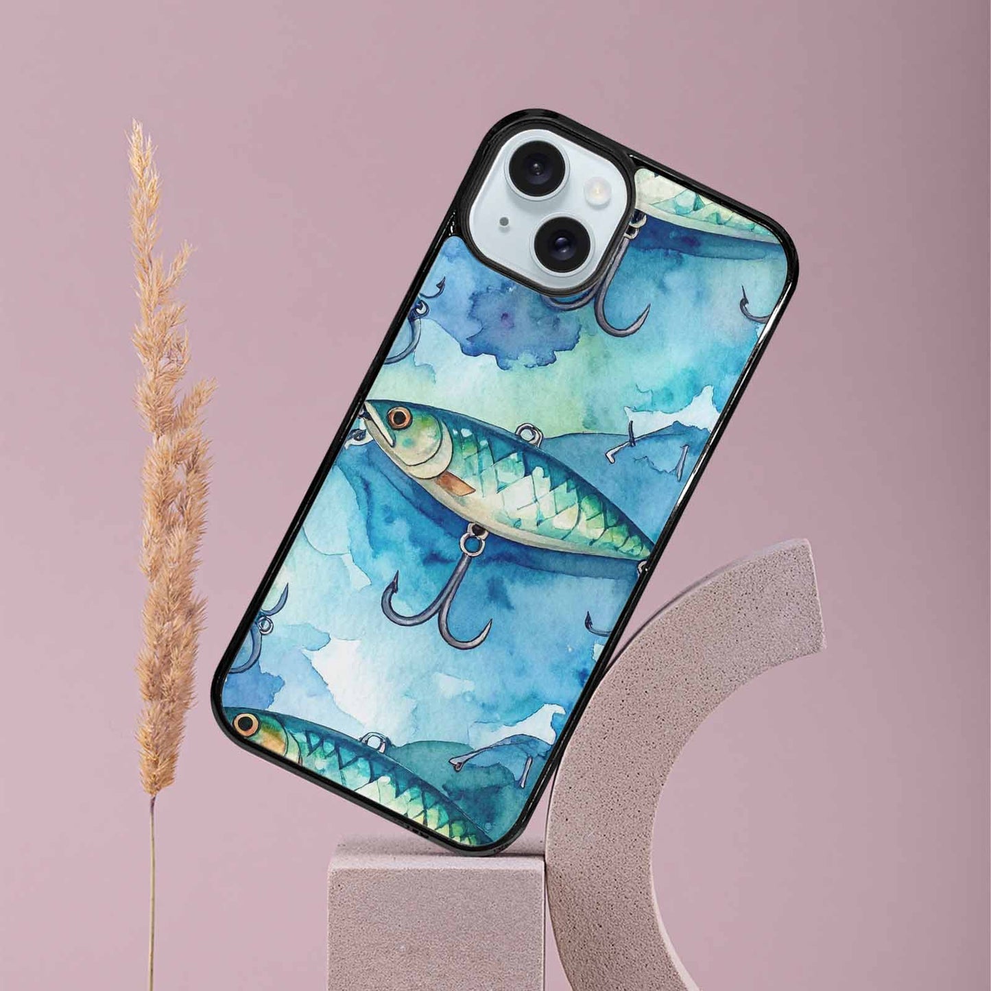 iPhone 15 Plus Case — Fishing Lure And Hook Pattern Seamless, Custom Phone Case