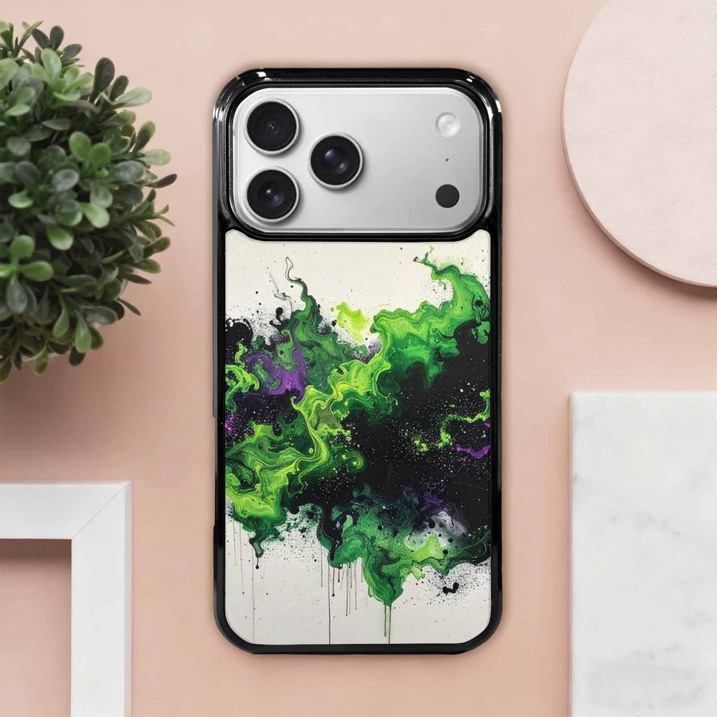 iPhone 17 Pro Max Case — Black & Green Ink Galaxy Space, Custom Printed Phone Case