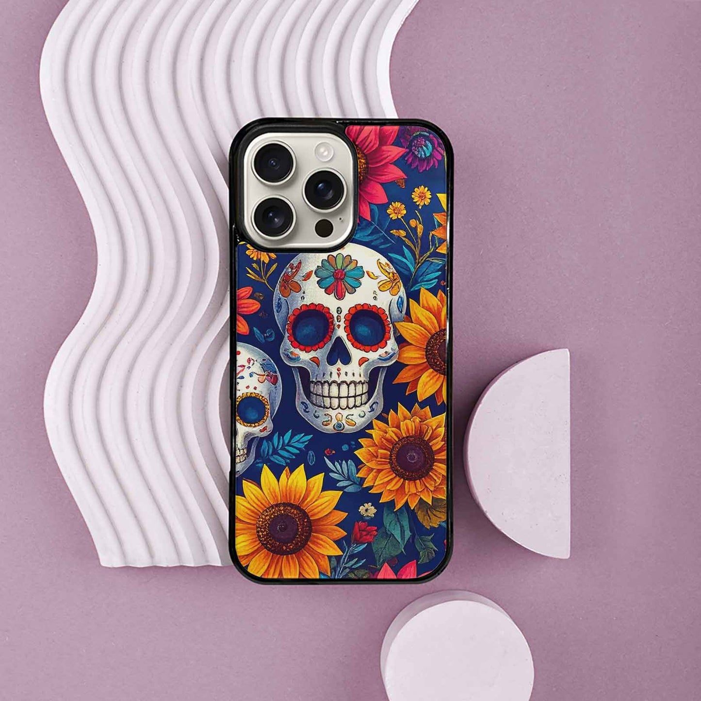 iPhone 16 Pro Max Case — Sunflower Skulls Print Custom, Custom Art Phone Cover