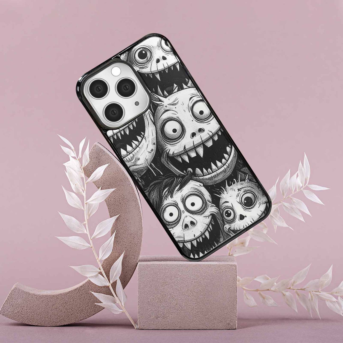 iPhone 15 Pro Max Case — Black And White Monster Face Collage, Custom Designed Case Cover