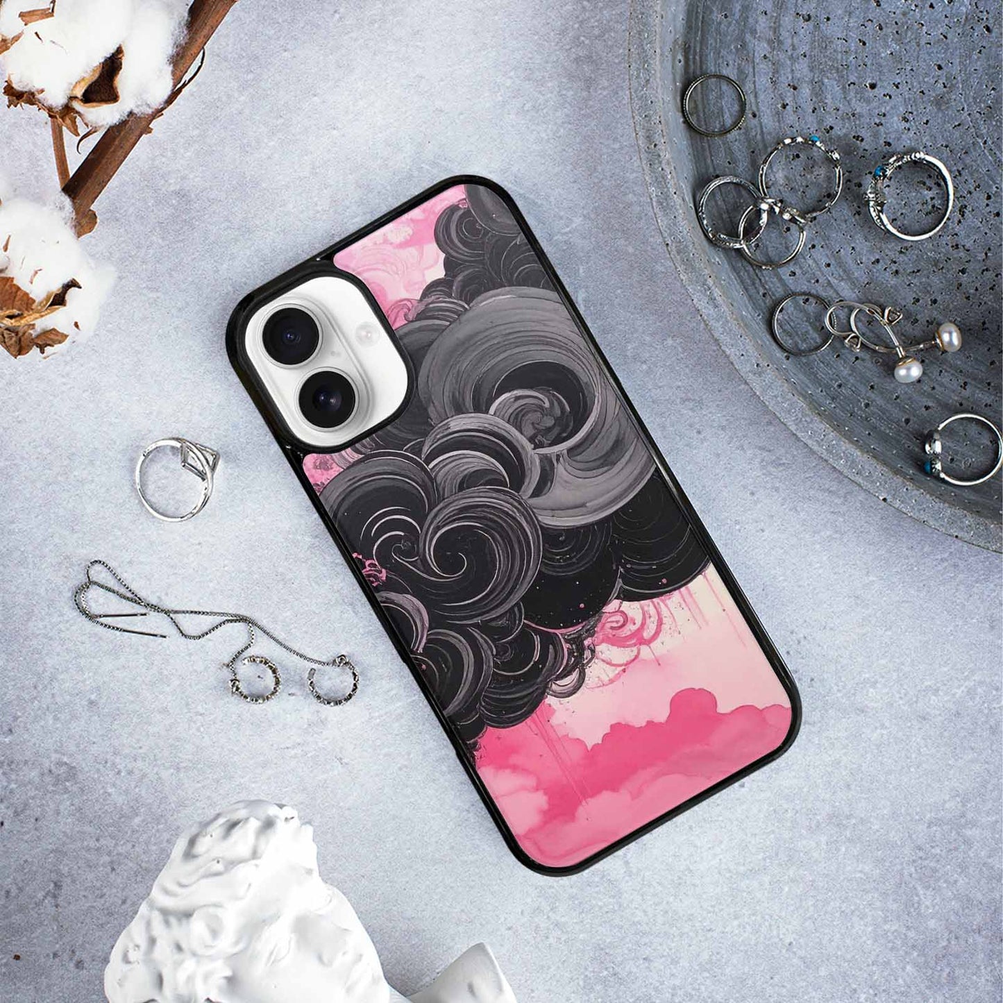 iPhone 16 Plus Case — Van Gogh Swirl Black Pink Ink, Custom Print Case Cover