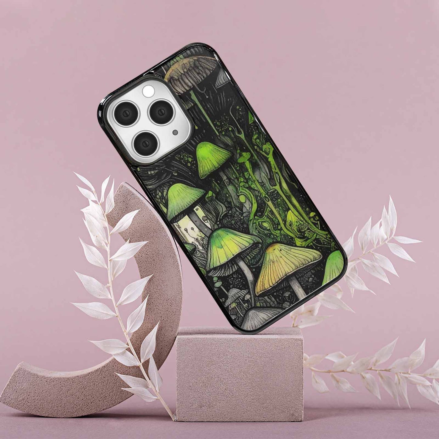 iPhone 15 Pro Max Case — Rainbow Drip Mushrooms Black Green Ink, Original Design Phone Case