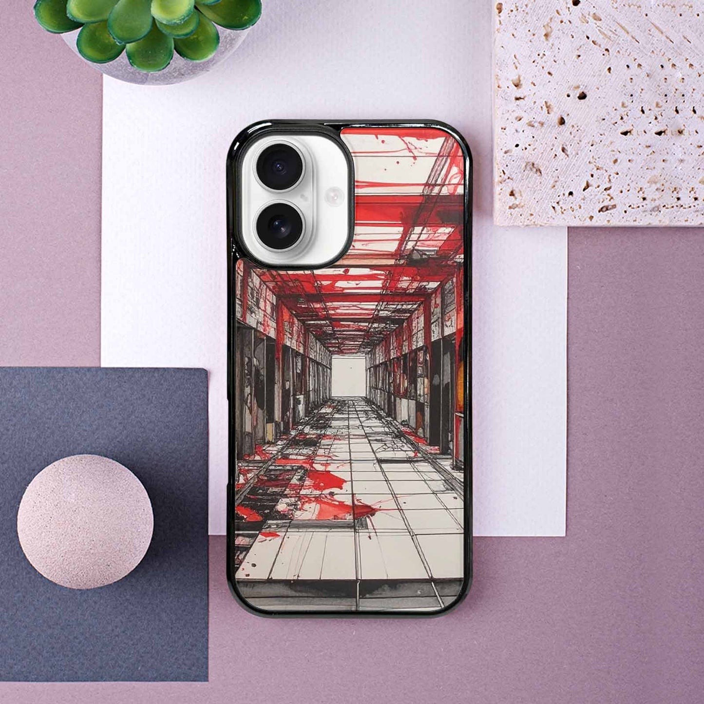 iPhone 16 Case — Liminal Space Fragment Black Red Ink, Custom Phone Case