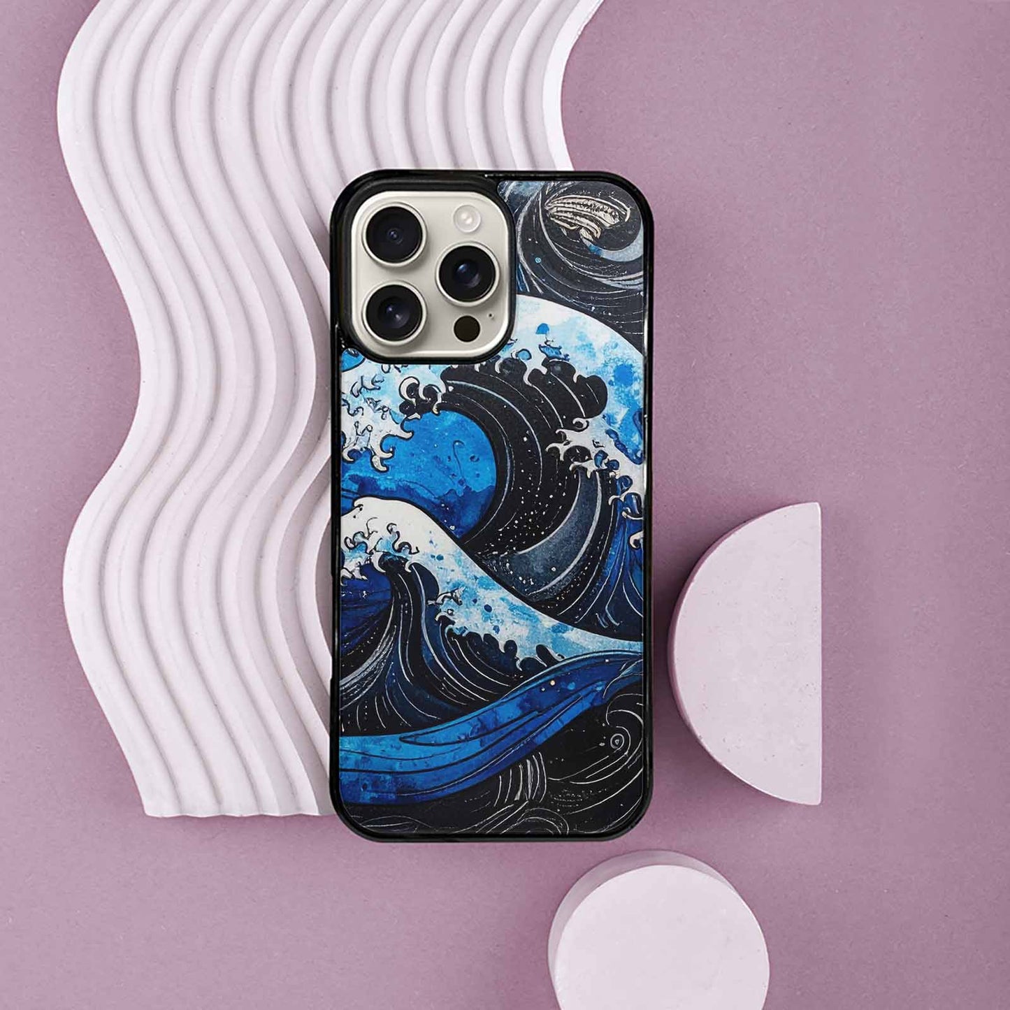 iPhone 16 Pro Max Case — Nautical Wave Black Blue Ink Wave, Custom Made Phone Cover