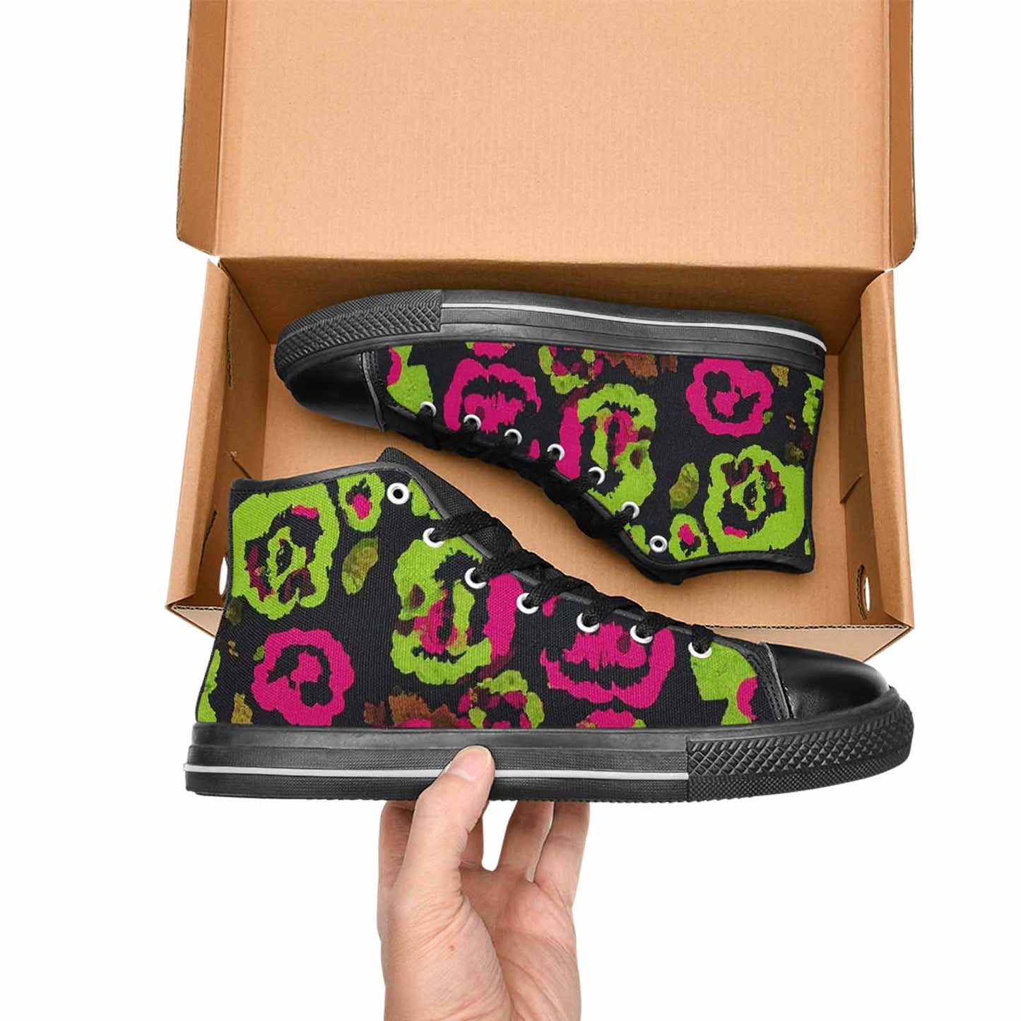 WOMEN'S Leopard Neon Rosette Black High Top Canvas Neon Fantasy Custom Sneakers