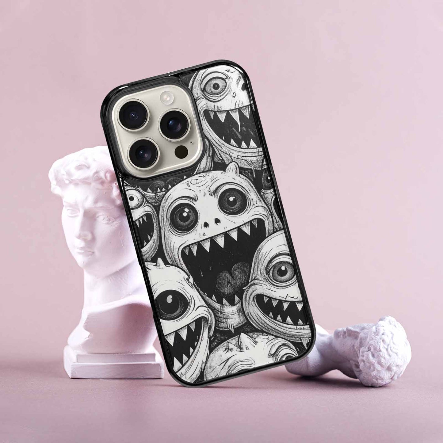 iPhone 16 Pro Case — Black And White Monster Face Collage, Custom Designed Case Cover