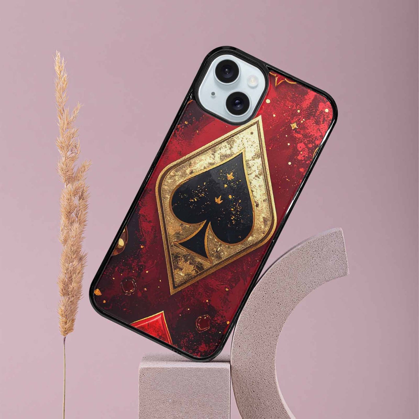 iPhone 15 Plus Case — Playing Card Suits Pattern Poker Chips, Custom Phone Case