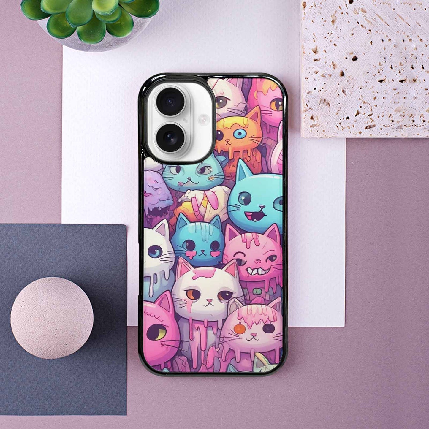 iPhone 16 Case — Pastel Gore Cat Character Pattern Hundreds, Original Design Phone Case