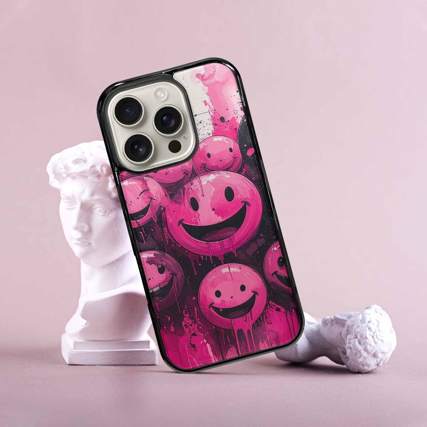iPhone 16 Pro Case — Melting Moon Smiley Black Pink Ink, Custom Designed Case Cover